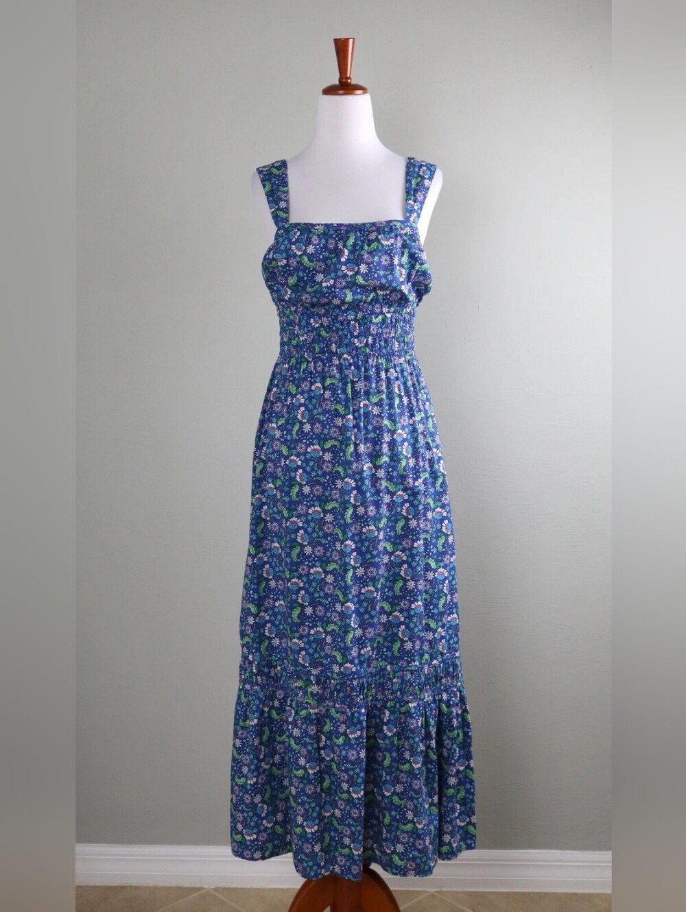 Blue Floral Smocked Maxi Dress with Square Neck